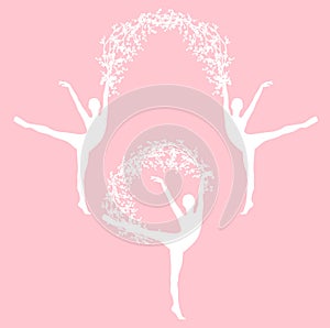 Spring blossom branches arch and dancing ballerina vector silhouette set
