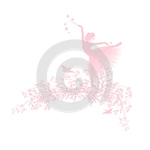 Spring blossom branches with flying swallows and dancing fairy tale princess ballerina vector silhouette