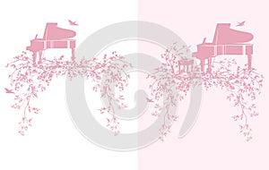 spring blossom branches with flying swallows and grand piano vector silhouette