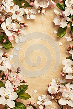 Spring blossom frame on aged paper background with copy space