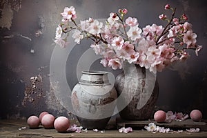Spring blossom pink branch in tin vase on rustik weathered background