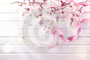 Spring blossom on white wooden plank background