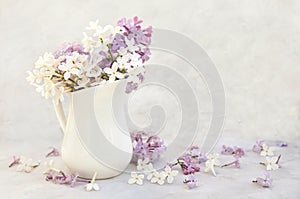 Spring blossoming lilac flowers posy, pastel and soft vintage card