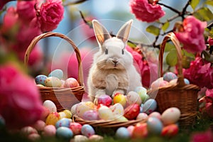 Spring blossoms watch over a bunny guardian of a treasure trove of eggs.