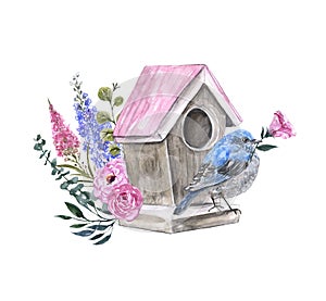 Spring blue bird and birdhouse watercolor illustration, isolated on white background. Holiday card design for valentines day