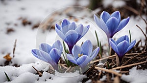 Spring blue crocus flowers in snow