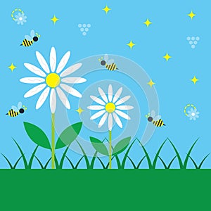 Spring blue sky day with simple white daisy flowers and honey bees kids poster