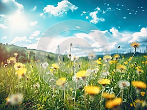 Spring blurred background, green grass and sky