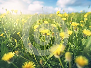 Spring blurred background, green grass and sky