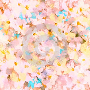Spring blurred delicate floral seamless pattern of transparent layered flowers Blue pink white yellow orange colors