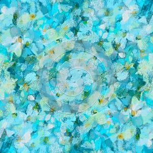 Spring blurred delicate floral seamless pattern of transparent layered flowers Blue white yellow shades