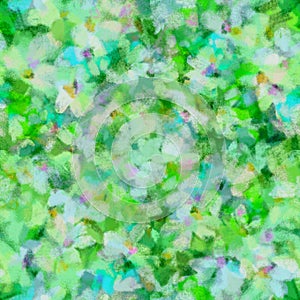 Spring blurred delicate floral seamless pattern of transparent layered flowers Green blue yellow shades