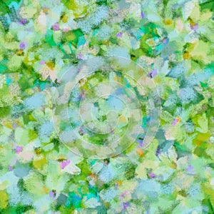 Spring blurred delicate floral seamless pattern of transparent layered flowers White yellow green blue colors