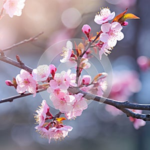 Spring border or background art with pink blossom. Beautiful nature scene with blooming tree