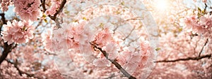 Spring border or background art with pink blossom. Beautiful nature scene with blooming tree and sun flare