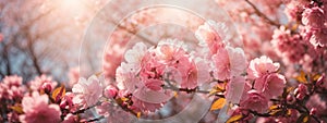 Spring border or background art with pink blossom. Beautiful nature scene with blooming tree and sun flare