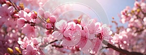 Spring border or background art with pink blossom. Beautiful nature scene with blooming tree and sun flare