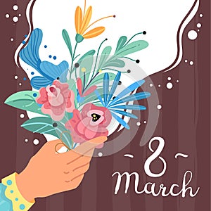 Spring bouquet. 8 march card or postcard. Square poster. Greeting and invitation. Woman day celebration. Female hand