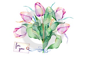 Spring bouquet with branches, delicate purple tulips, leaves