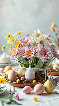 Spring bouquet centerpiece with pastel easter eggs and daisies for festive table decor photo