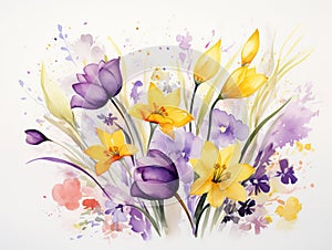 Spring bouquet with crocus and iris flowers. illustration. Generative AI
