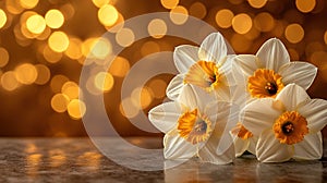 Spring bouquet of daffodils on a dark surface photo