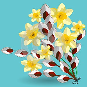Spring bouquet of daffodils and willow flowers
