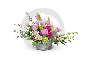 Spring Bouquet of Flowers in Rustic Metal Container - Floral Arrangement by Florist - Flower Shop - Tulips, Daisies, Roses
