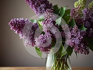 A spring bouquet of fresh cut fragrant purple lilacs in a vase.