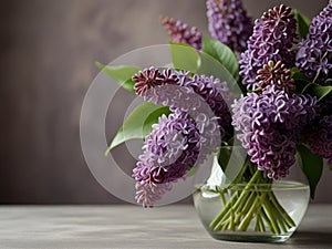 A spring bouquet of fresh cut fragrant purple lilacs in a vase.