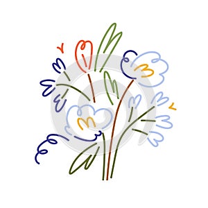 Spring bouquet, gift in modern lineart style. Blooming field flower, floral bunch. Abstract summer beautiful blossomed