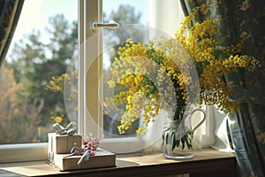 spring bouquet of mimosa in a vase on the windowsill and a gift for Women\'s Day