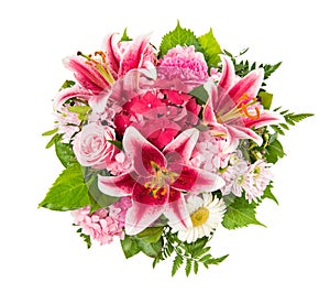 Spring bouquet pink lily flower blossoms white background