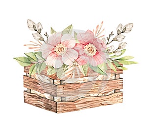 Spring bouquet with pink roses blossom and green leaves. Gentle rose, bud, branches, wooden box. Watercolor botanical illustration