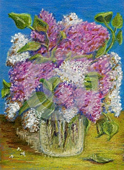 Spring bouquet. Still life with lilacs on a blue background.