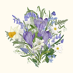 Spring bouquet. Wild and garden flowers. Botanical classic illustration.