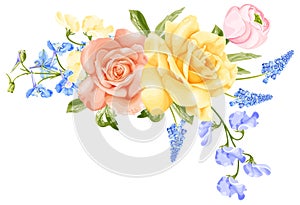 Spring bouquet with yellow and pink rose, blue delphinium flower, hyacinth, ranunculus and sweet pea.
