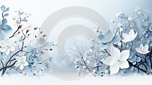 Spring branch with white flowers on a blue background. Winter background with tree branches and berries