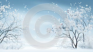 Spring branch with white flowers on a blue background. Winter background with tree branches and berries