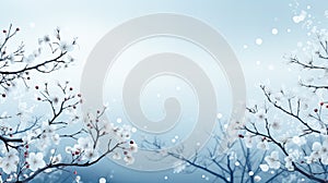 Spring branch with white flowers on a blue background. Winter background with tree branches and berries