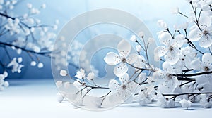 Spring branch with white flowers on a blue background. Winter background with tree branches and berries