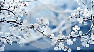 Spring branch with white flowers on a blue background. Winter background with tree branches and berries