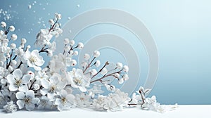Spring branch with white flowers on a blue background. Winter background with tree branches and berries
