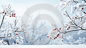 Spring branch with white flowers on a blue background. Winter background with tree branches and berries