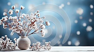 Spring branch with white flowers on a blue background. Winter background with tree branches and berries