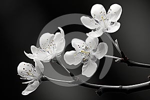 A spring branch with white flowers on a dark background. Hello Spring