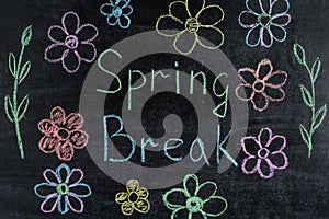 Spring break with flowers written in colorful chalk on a black chalkboard. Spring Break Concept