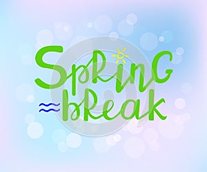 Spring Break hand drawn text on blurred pastel background. Handwritten modern brush lettering. Vector illustration.