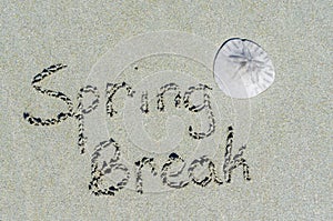 Spring break message in the sand with sand dollar