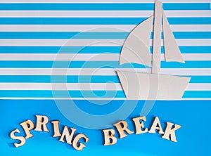 Spring break and sea travel concept, imitation, stylized concept made of paper layout for design with copy space